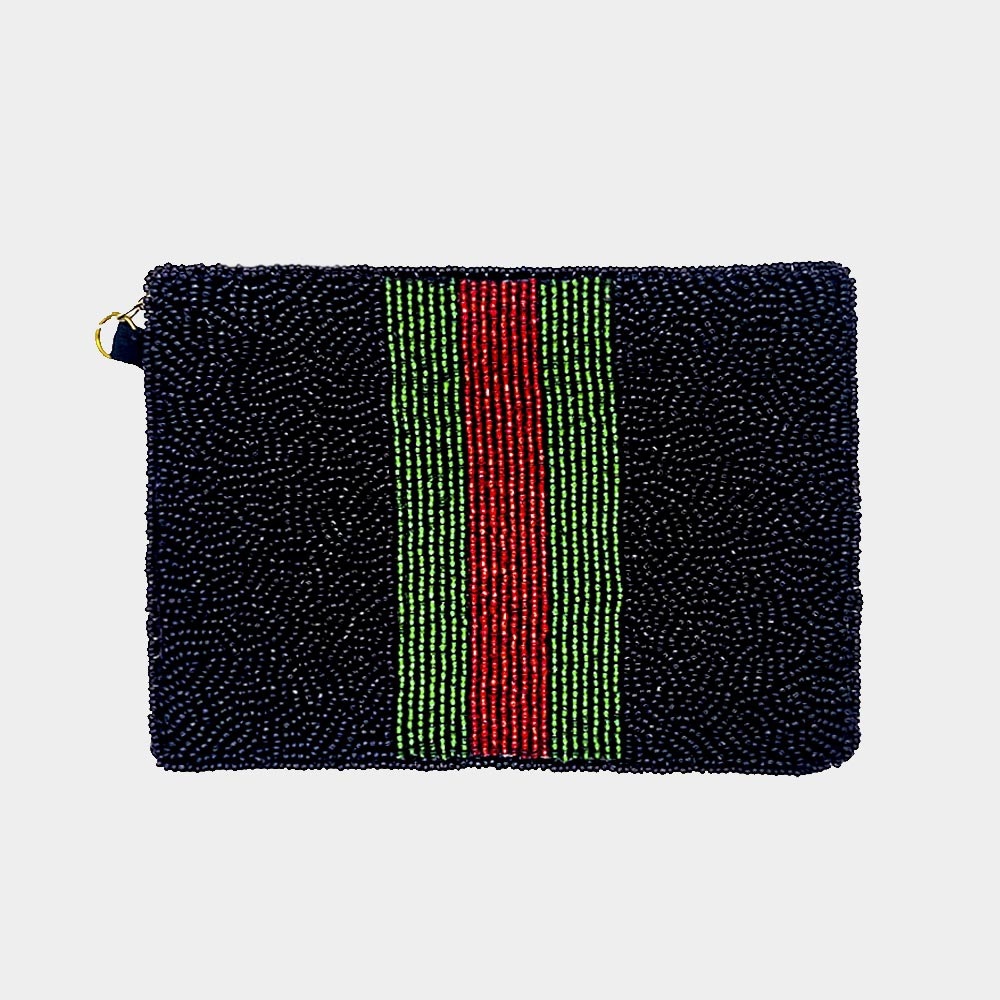 Color block black red green seed beaded fashion pouch wallet